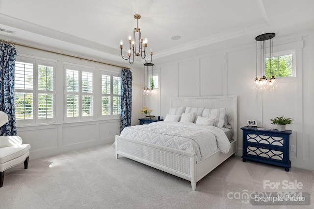 carpeted bedroom with an inviting chandelier and multiple windows