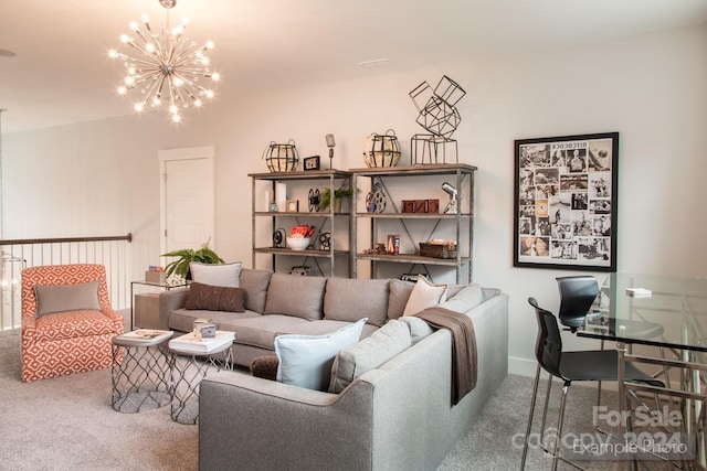 living room with carpet flooring and a chandelier