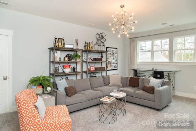 carpeted living room featuring an inviting chandelier