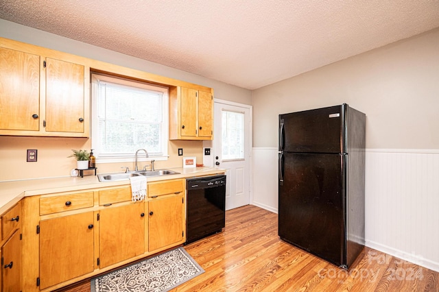 kitchen featuring sink, black appliances, a textured ceiling, and light wood-type flooring