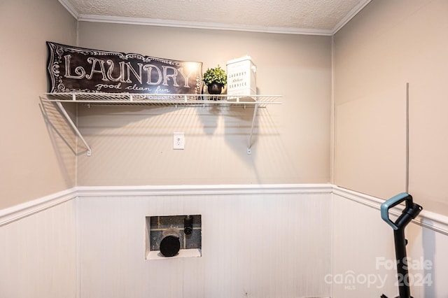 laundry area with a textured ceiling and crown molding