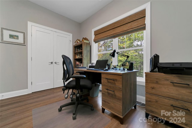 office space featuring dark wood-type flooring