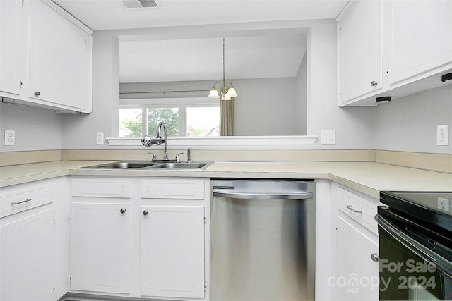 kitchen with white cabinets, dishwasher, hanging light fixtures, and sink