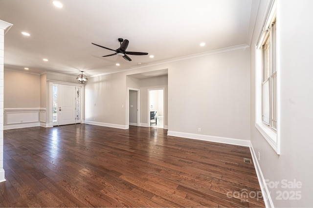 unfurnished living room featuring dark wood-style floors, ceiling fan, recessed lighting, and crown molding