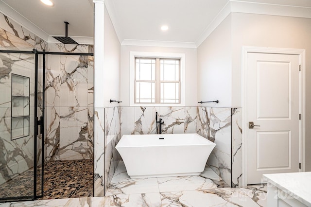 bathroom featuring a freestanding tub, a marble finish shower, ornamental molding, and recessed lighting