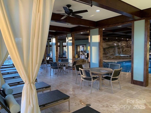 dining room with recessed lighting, beam ceiling, stone finish flooring, and ceiling fan