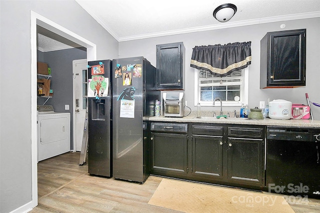 kitchen with washer / clothes dryer, black dishwasher, light wood-type flooring, stainless steel refrigerator with ice dispenser, and sink