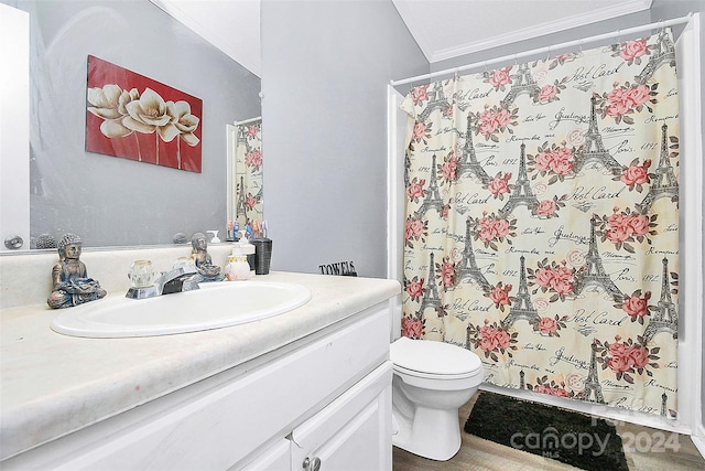 bathroom featuring a shower with shower curtain, crown molding, vanity, and toilet