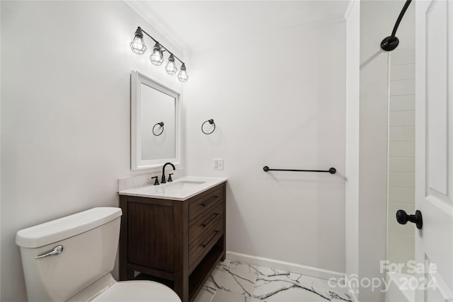 bathroom featuring crown molding, a shower, vanity, and toilet