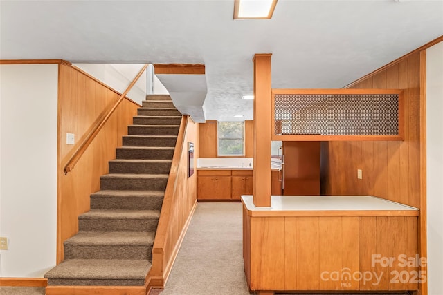 stairway featuring carpet, wood walls, and ornamental molding