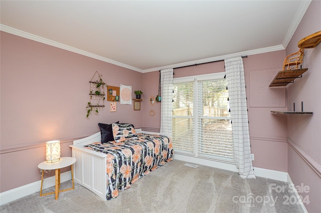 bedroom featuring light carpet and ornamental molding