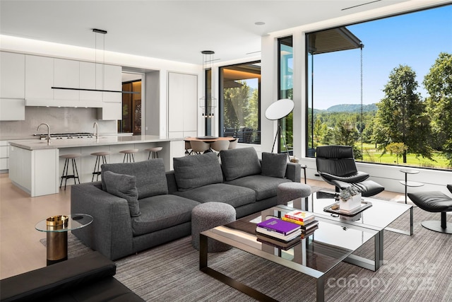 living room with a mountain view and sink