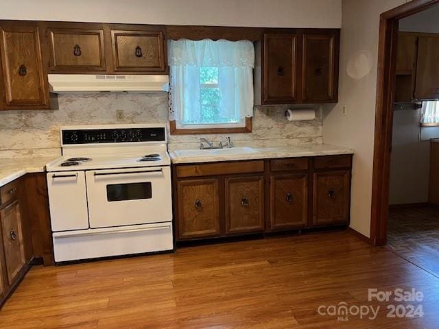 kitchen with decorative backsplash, electric stove, light hardwood / wood-style flooring, and sink