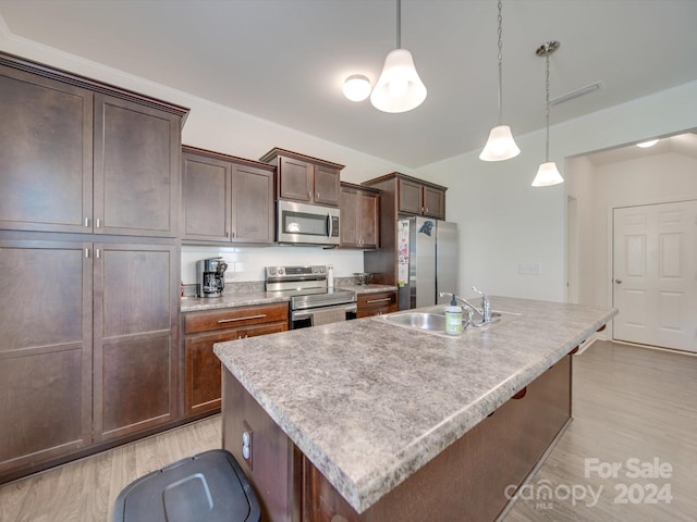 kitchen with pendant lighting, stainless steel appliances, light hardwood / wood-style floors, and sink