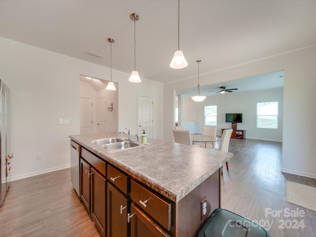 kitchen with light wood-type flooring, sink, an island with sink, decorative light fixtures, and ceiling fan