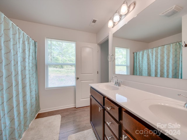 bathroom with wood-type flooring, vanity, a shower with shower curtain, and a healthy amount of sunlight