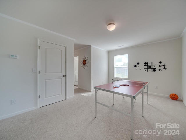 rec room with ornamental molding and light colored carpet