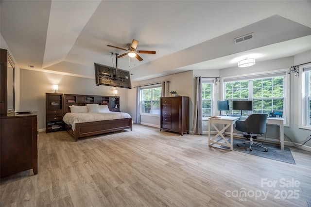 bedroom with baseboards, visible vents, and light wood finished floors