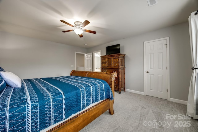 bedroom featuring a ceiling fan, carpet flooring, baseboards, and visible vents