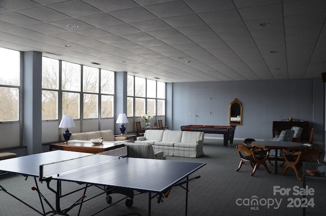 recreation room featuring carpet flooring, a wealth of natural light, billiards, and expansive windows