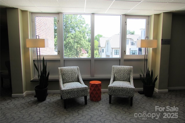 1300 Reece Rd Unit 302, Charlotte, NC 28209 - living area featuring carpet, a drop ceiling, a baseboard radiator, and healthy amount of natural light