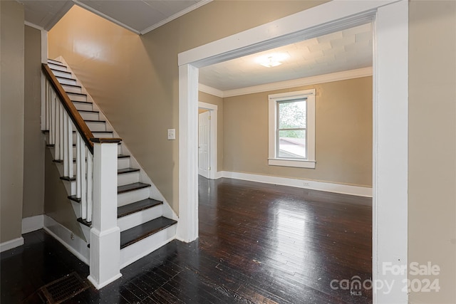 stairway with hardwood / wood-style flooring and ornamental molding