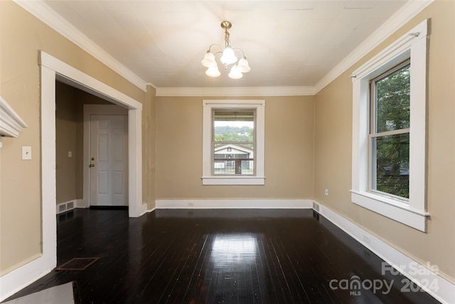 unfurnished dining area featuring ornamental molding, a chandelier, and dark hardwood / wood-style floors