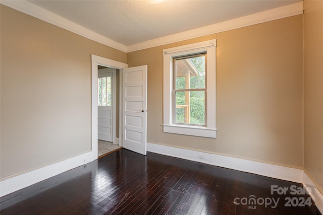 empty room with crown molding, a textured ceiling, and dark hardwood / wood-style flooring