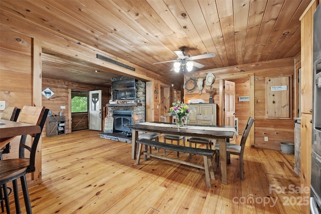 dining space featuring wood walls, wooden ceiling, a wood stove, ceiling fan, and light hardwood / wood-style floors