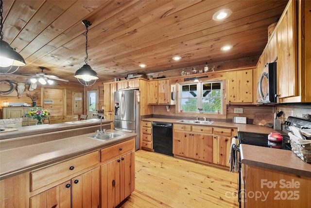 kitchen with pendant lighting, sink, wood ceiling, and stainless steel appliances