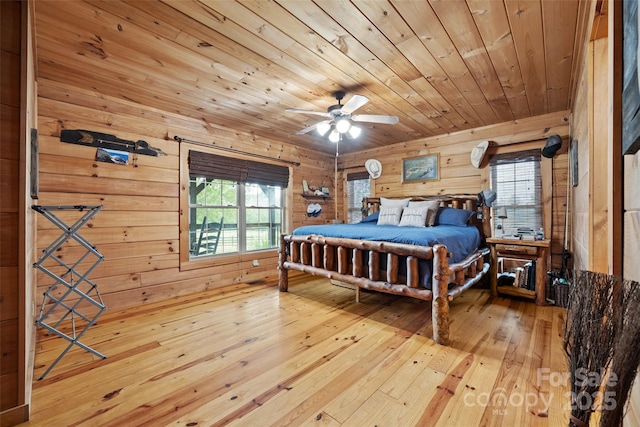 bedroom featuring light wood-type flooring, ceiling fan, wooden ceiling, and wood walls