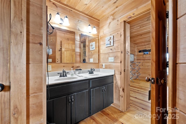 bathroom featuring hardwood / wood-style floors, vanity, wooden ceiling, and wooden walls