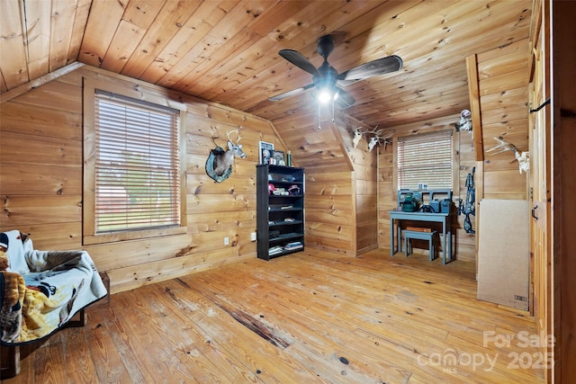 sitting room featuring wood ceiling, ceiling fan, wooden walls, hardwood / wood-style flooring, and lofted ceiling