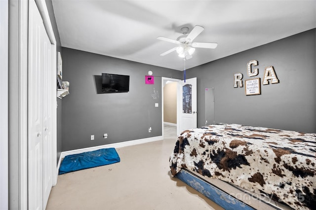 bedroom with ceiling fan and a closet