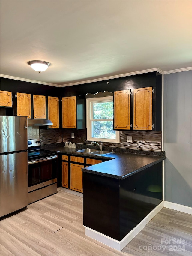 kitchen featuring sink, crown molding, light wood-type flooring, appliances with stainless steel finishes, and tasteful backsplash