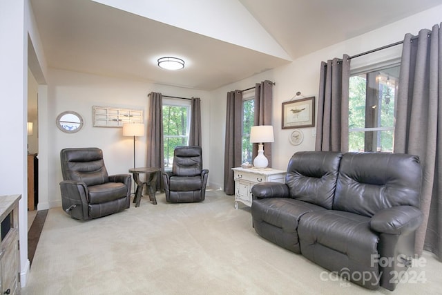 carpeted living room featuring lofted ceiling