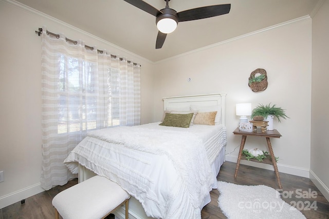 bedroom with multiple windows, crown molding, ceiling fan, and dark hardwood / wood-style flooring