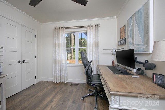 office space featuring ornamental molding, ceiling fan, and dark hardwood / wood-style floors