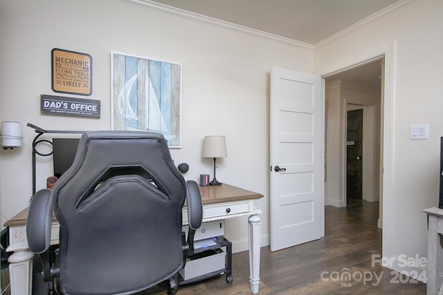 office space featuring ornamental molding and dark hardwood / wood-style flooring