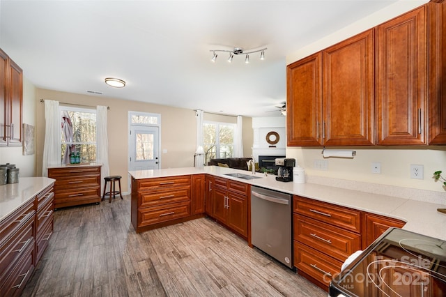 kitchen featuring sink, stove, light wood-type flooring, dishwasher, and kitchen peninsula