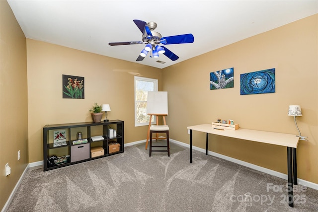 home office with carpet and ceiling fan