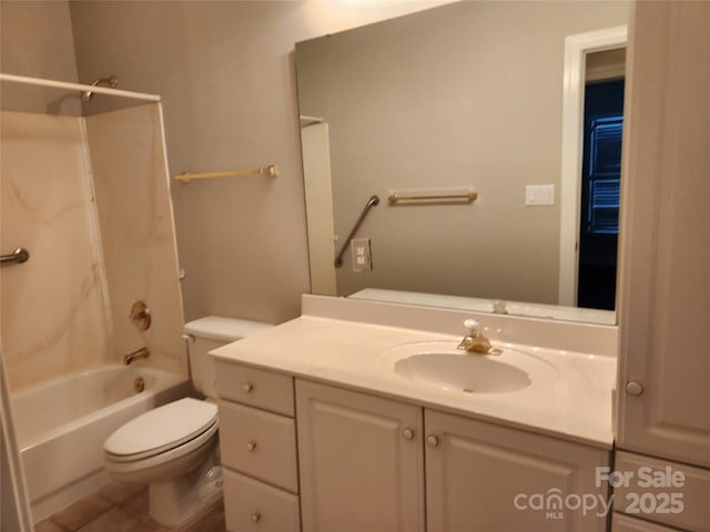 bathroom featuring shower / bathtub combination, toilet, and vanity