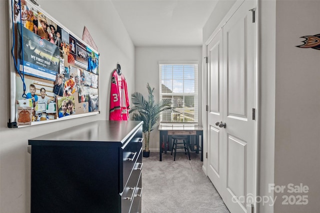 interior space featuring light colored carpet