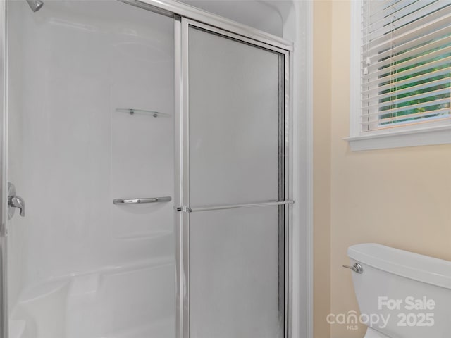 bathroom featuring toilet and a shower with shower door