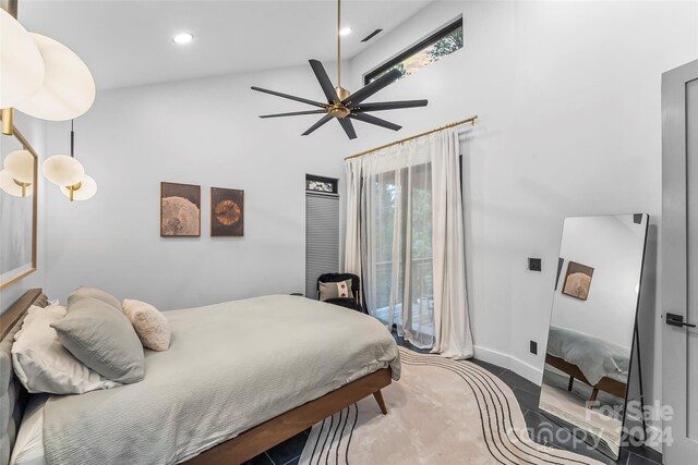 bedroom featuring high vaulted ceiling, multiple windows, access to exterior, and ceiling fan