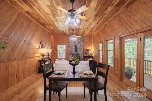 dining area with ceiling fan, wooden walls, a fireplace, and wooden ceiling