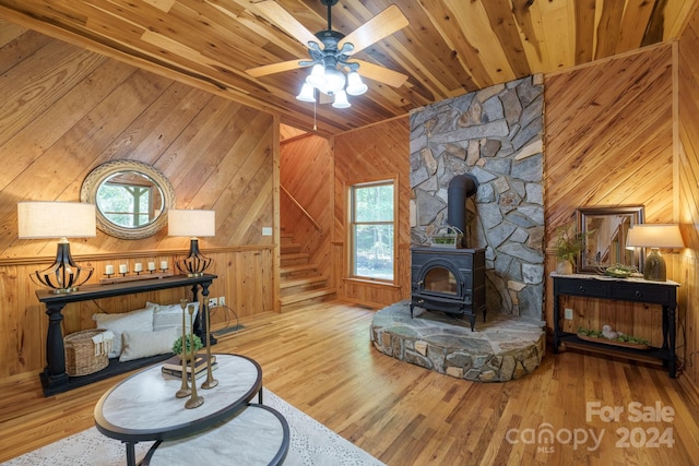 living room featuring ceiling fan, wood ceiling, a wood stove, wooden walls, and hardwood / wood-style flooring