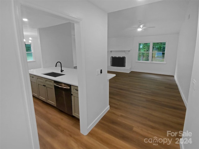 kitchen featuring ceiling fan, dark hardwood / wood-style floors, sink, and stainless steel dishwasher