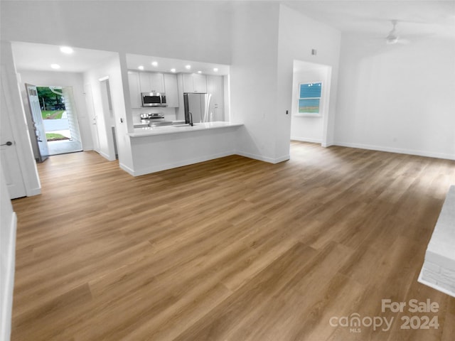 unfurnished living room featuring wood-type flooring and sink