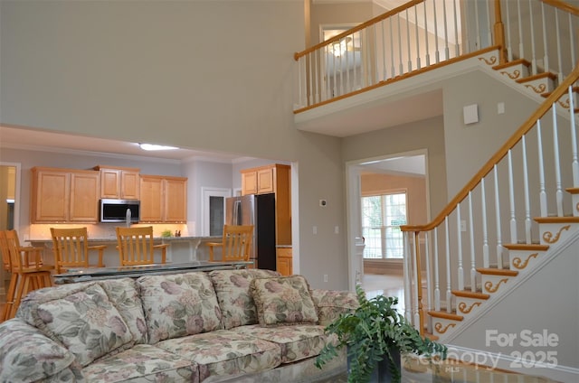 living room with a high ceiling and ornamental molding